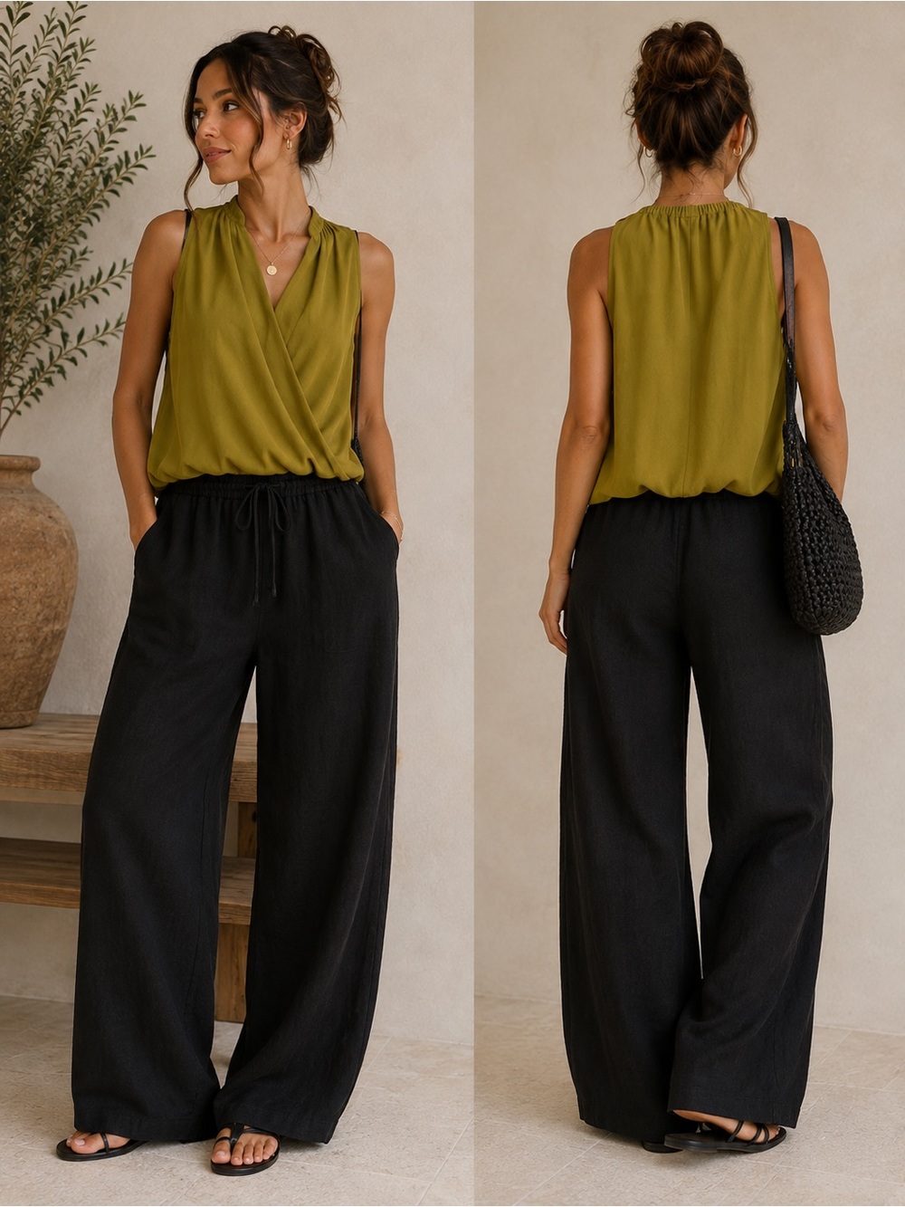 Zenana Outfitters Olive Wrap Front Sleeveless blouson style top